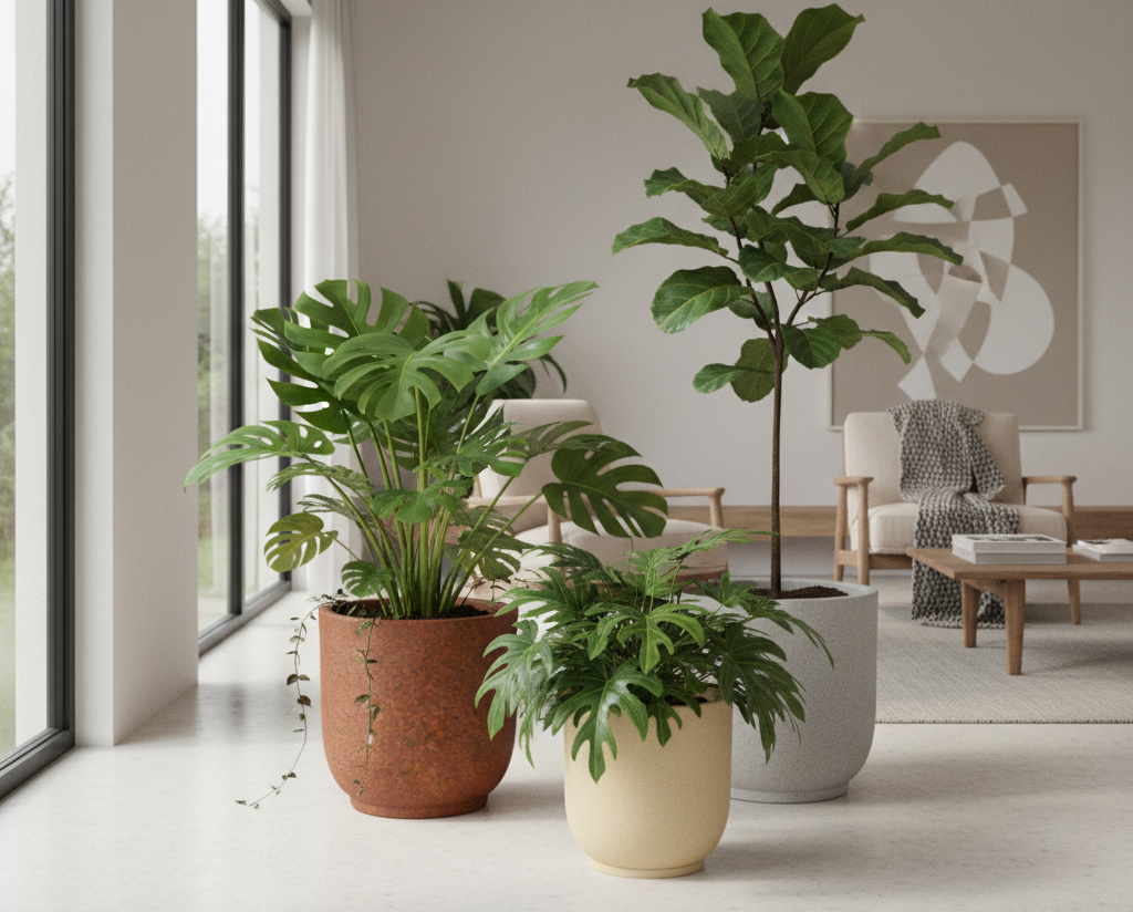 Trio de vasos premium com plantas em ambiente moderno